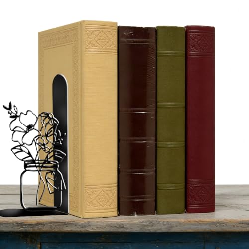 2Pcs 2 Styles Flower Vase Bookends Book Stopper Vase Modern Minimalist Design Black Decorative Heavy Duty Metal Book Ends for Shelves Office Desk Organizer Stylish 7.48 x 6.3 x 1.18 Inch - color: Vase