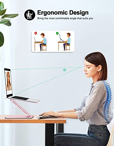 RIWUCT Foldable Laptop Stand, Height Adjustable Ergonomic Computer Stand for Desk, Aluminum Portable Laptop Riser Holder Notebook Mount Compatible with MacBook Pro Air, HP, Dell 10-16"(Rose Gold) - color: Pink