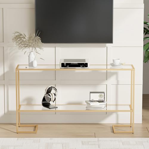 Cozy Castle 52" Entryway Table, 2-Tier Narrow Console Table with Tempered Glass & Sturdy Metal Frame, Modern Sofa Table with Storage Shelves for Entryway, Hallway, Foyer, Living Room, Gold - color: Gold Metal Frame