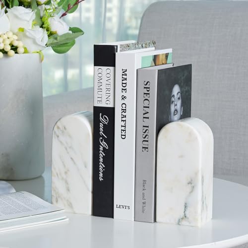 Koville Natural Marble Bookends for Shelves, 7lbs Heavy-Duty Marble Book Holders, Decorative Book Ends, Bookshelf Apartment Decor for Normal Books/CD/Video Games - color: Oriental Calacatta, size: 7lb