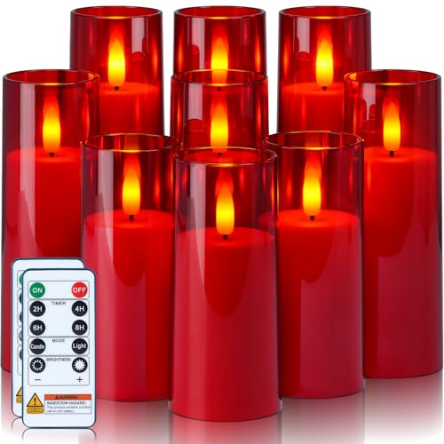 Homemory Decorative Flameless Candles, Battery Operated Candles with Remote & Timer, Flickering Led Pillar Candles, Plexiglass, Red, Pack of 9, D2.2 xH 5" 6" 7" - color: Red