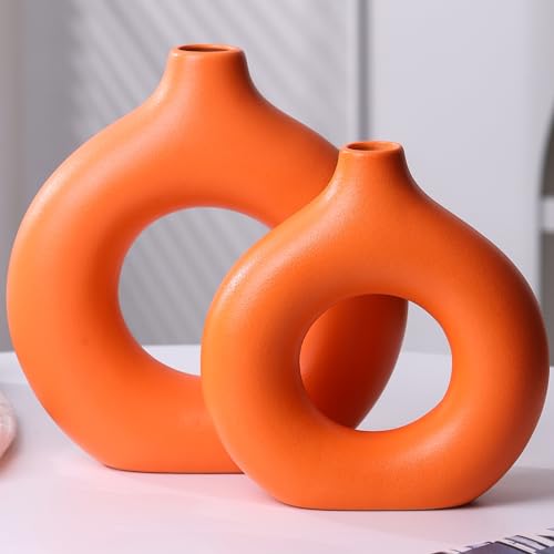 Modern Donut-Shaped Decorative Vases, Handmade Minimalist Boho ins Style, Modern Vase for Home Decor for Wedding Dinner Table Party Living Room Office Bedroom (Orange, Extra Large + Large) - color: Orange, size: Extra Large + Large