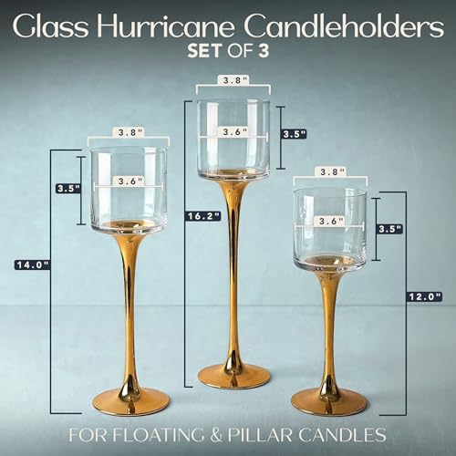 Royal Imports Glass Candleholder Flower Vase, Floating & Pillar Candle Centerpiece Display, Decorative Hurricane on Pedestal for Home or Wedding Set of 3, Gold - color: Gold