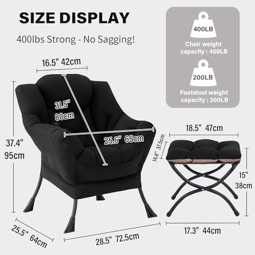 Tiita Lazy Chair with Ottoman, Black Modern Large Accent Chair, Comfy Leisure Sofa Armchair with Ottoman, Reading Chair with Footrest for Bedroom, Living Room, Dorm Rooms, Black - color: Peach Skin Black