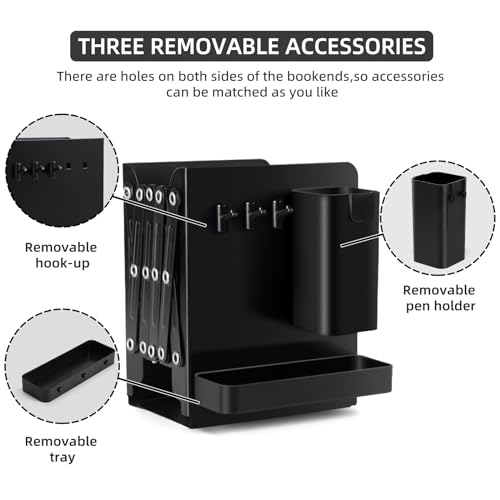 Adjustable Bookends, 19" Metal Book Ends for Heavy Books, 2 Dividers Bookends with Removable Pen Holder, Tray, and 3 Hook-up, Book Organizer for Office, School, Bookstore, Home - color: Black