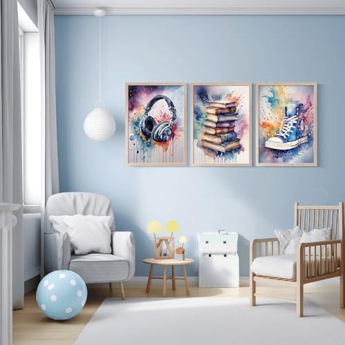3 Pcs Framed Graffiti Abstract Wall Art Headphones Books Sneakers Canvas Print Poster Watercolor Pink Wall Decor Pictures Teenager Bedroom Wall Homemade Set Decoration for Living Room Bedroom Office 24" x 16" - color: Watercolor, size: 24"x16"