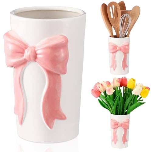 LemonRoad Pink Bow Ceramic Utensil Holder 3D Coquette Handmade Pink Kitchen Decor Mothers Day Kitchen Gifts Cooking Utensil Crock with Scalloped Preppy Caddy Pen Holder Vase for Countertop Spoon - color: Pink, style: Preppy Bow