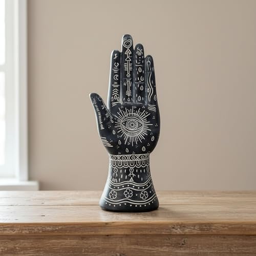 Resin Tattoo Hand Figurine for Home and Office Decor - Artistic Symbols Accent Display for Bathroom, Living Room, and Shelf - Graphic Sculpture Ornament for Coffee Table Decor - 10", Black & White - color: Black