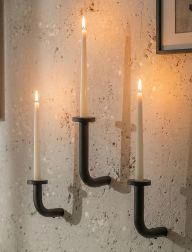 Black Modern Taper Candle Sconces : Set of 3 Iron Minimalist Wall Decor for Living Room - Metal Taper Wall Candle Holder for Home Narrow Corner Hallway - size: 4.3 in+5.9 in+7.5in
