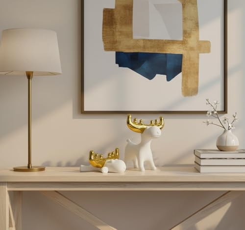 Modern White Resin Deer Figurine with Gold Antlers – 7.48 x 69 x 7.72 Minimalist Animal Sculpture for Home & Desk Decor(Standing/Reclining Style) - size: H 7.72 in White A