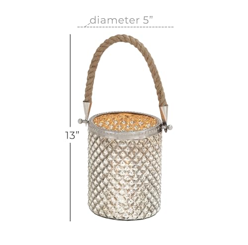Deco 79 Glass Handmade Indoor Outdoor Candle Lantern Decorative Lantern Candle Holder with Rope Handle, Lantern 5" x 5" x 13", Silver (Pack of 2) - size: 5" by 13" (Pack of 2)
