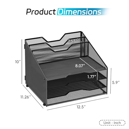 Desk File Organizer, Paper Organizer with 4 Letter Trays and 2 Vertical Upright Sections, Desk Organizers and Accessories for Office, School, Home, Black - color: Black