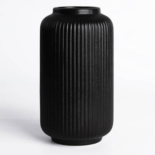 Black Ceramic Vase, 8 Inch Modern Flower Vase for Bouquet and Pampas Grass, Matte Frosted Large Opening Decorative Vase for Farmhouse Table, Shelf Decor - color: Matte Black02