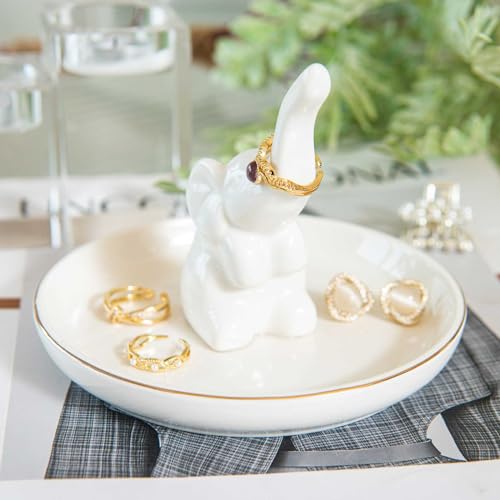 Elephant Ring Holder Dish, Ceramic Jewelry Tray Trinket Dish for Necklace Keychain Organizer, Cute Funny Birthday Wedding Mothers Day Gift for Women Friends Girls - style: White Elephant