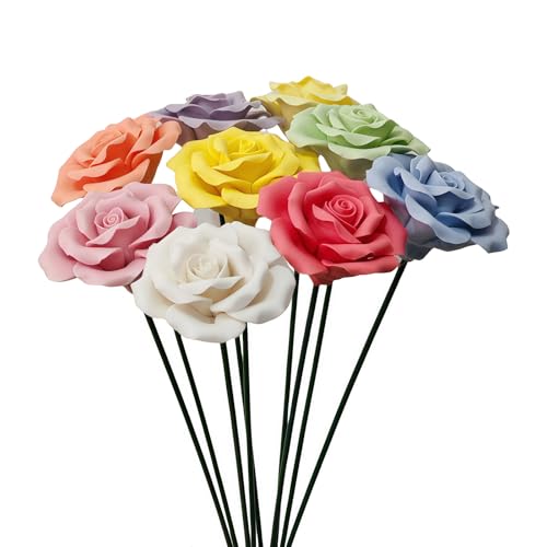 Handmade Porcelain 3D Ceramic Rose Flower, Eternal Flower Decoration for Home Office Decor, Creative Desktop vases, Porcelain Decorations, Exquisite, Set of 9(Colour) - color: Colour
