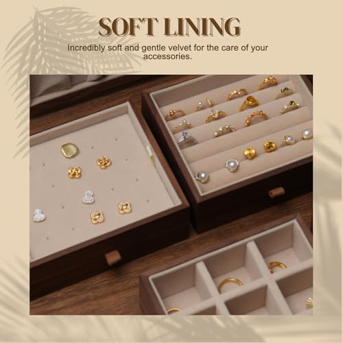 KINTNESS Black Walnut Wooden Jewelry Box - 5 Drawers Large Jewelry Organizer with Delicate Floral Pattern for Women, Side door Space for Necklace, Jewelry for Bracelet, Earing, Rings - style: Embroidered 5-Drawer Design