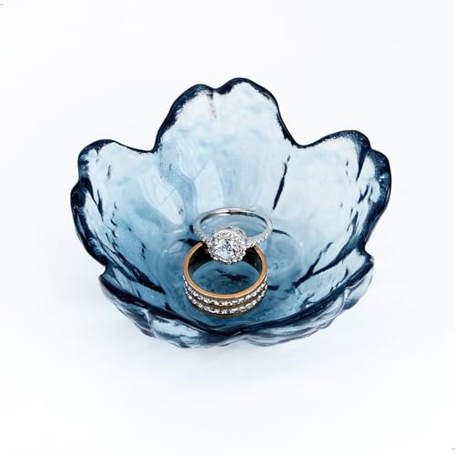 Crystal Blue Flower Ring Dish Jewelry Tray, Decorative Glass Trinket Dish, Modern Accent Tray for Vanity - color: Crystal Blue