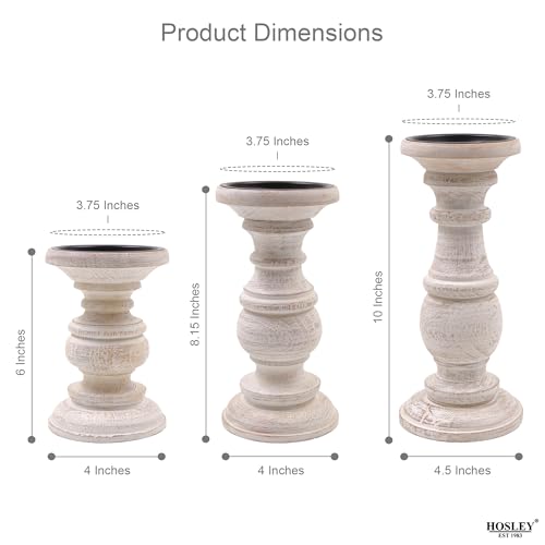 Hosley Set of 3 Whitewashed Wooden Pillar Candle Holders – 10”, 8”, and 6” Heights – Ideal for LED and Pillar Candles, Weddings, Parties, Home Décor, Spa, Reiki, and Aromatherapy - color: White Wash
