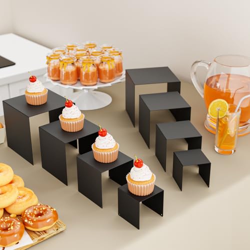 Matte Metal Display Stand, 8 Pcs 2 Set Display Risers for Display, Metal Rectangular Display Shelf Holders for Showcase, Dessert, Perfume, Vendor Events, Cupcake Stands, Toys Display Shelves ( Black, 3''x4''x5"x6" ) - color: Black, size: 3''x4''x5"x6"