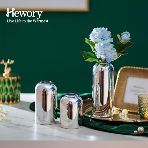 Glass Bud Vases for Centerpieces Silver - Hewory 12pcs Blown Modern Cylinder Small Glass Vases, Mini Bulk Single Flower Vase for Wedding Party Event Home Decor Floral Arrangement (Not Include Flowers)