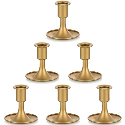 Gold Taper Candle Holder Set of 6, Hewory Short Skinny Brass Candlestick Holders, Vintage Small Low Metal Candles Sticks for Wedding Centerpieces Christmas Birthday Party Holiday Dinning Table Decor - color: Gold-6pcs