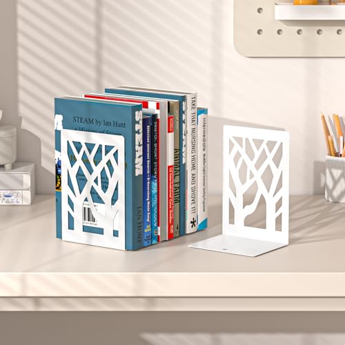 VFINE Withe Bookend 2-Piece, Tree Design Bookends for Shelves, Metal Book Ends for Desk, Decoration Stylish Bookshelf Bookends for Home Office School Supplies - style: White bookend 1 pair