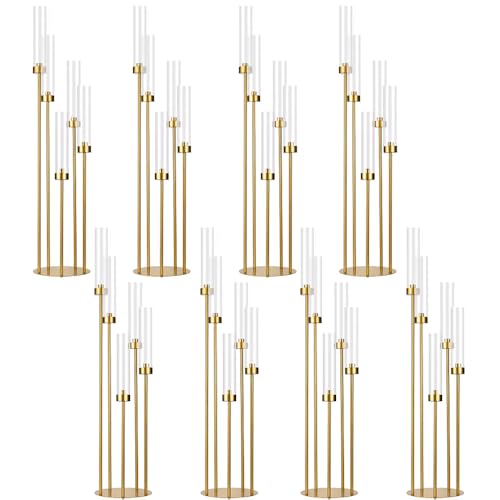 39.4'' Tall Gold Floor Candelabra，Set of 8PCS 5 Arm Candle Holder Tall Floor Candle Holder with Acrylic Lampshade for Wedding Table Birthday Party Home Decoration Fit LED Taper Candles - color: Gold, size: 8pcs