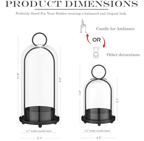Hurricane Glass Candle Holders for Pillar Candles Set of 2 (5" & 4" Wide), Black Metal Candlestick Holders, Modern Decorative Centerpiece Lanterns for Table Mantel Wedding Housewarming Gift - color: Black