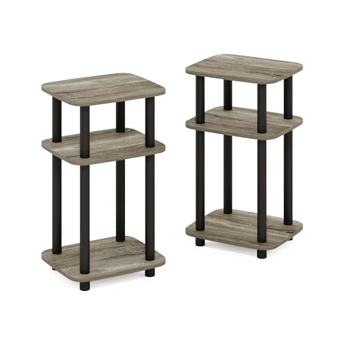 Furinno JUST Side Table Set of 2, 3-Tier Turn-N-Tube End Table with Open Shelf, Round Curve Corner Night Stand, Bedside Table, Easy Assembly, for Living Room, Bedroom, French Oak - color: French Oak, size: 2-Pack, Plastic Frame, 3-Tier
