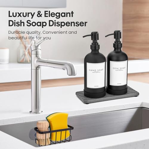 Kitchen Soap Dispenser Set with Instant Dry Tray & Sponge Holder,16 Oz Hand and Dish Soap Black Glass Dispenser Set,Stainless Steel Pump,Waterproof Labels,Luxury Soap Bottle for Bathroom - color: Black Bottle+black Pump