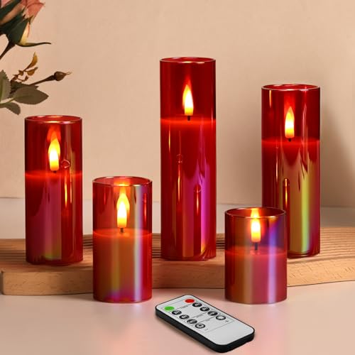 Eywamage Red Glass Flameless Candles with Remote Batteries, Flickering Slim Tall LED Pillar Candles Set of 5 - color: Red