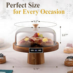 Velvera Heated Cake Stand with Dome, Cordless Food Warmer, Adjustable Temperature up to 180°F, Wooden Cake Display Stand for Cakes, Brownies, Pastries, Muffins & Cookies