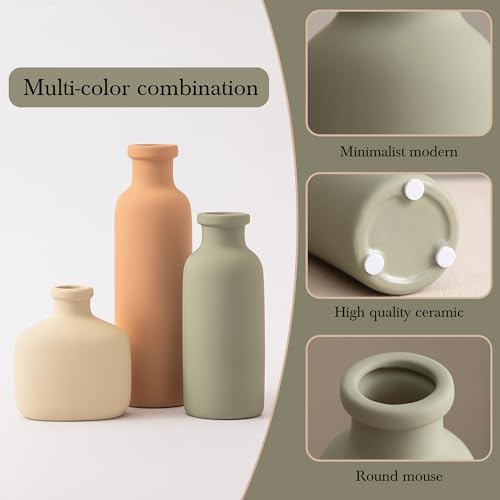 Ceramic Vase Set of 3 - Rustic Vases Set for Flower Centerpieces Pampas Grass - 3 Bud Vase for Decor - Modern Decoration Terracotta Vases for Home Farmhouse Table Office, Mini Pottery Vase by Lyeec - color: 202-3