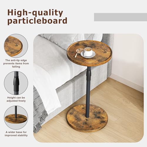 Adjustable End Table, Small Round Side Table, Drink Table for Small Spaces, Pedestal Nightstand for Living Room, Bedroom, Sofa Couch, Rustic Brown ET-010RB - color: Rustic Brown