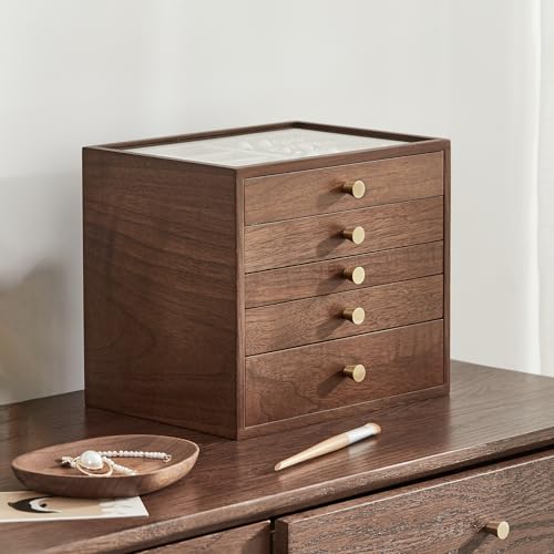 CHOSIN Black Walnut Wooden Jewelry Box Women large 5 Level Drawer Organizer Box with Glass Lid for Necklaces Watch Necklace Ring Earring Storage Gifts for Mom - style: 5 Layer