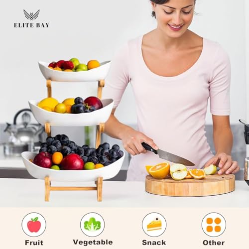 3-Tier Ceramic Fruit Bowl With Stand – Bamboo Countertop Large White Trays | Space-Saving Tiered Fruit Holder for Kitchen & Home Décor | Compact 15×35cm Design with Modern Aesthetic