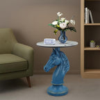 Modern Accent Table Living Room Horse Statue Blue and White Contemporary‌ Faux Marble Night Stand Side Table with Horse Head Base Reception Area & Bedroom（Width 19.69" ——Tall 24.8"） - style: Blue white horse head table