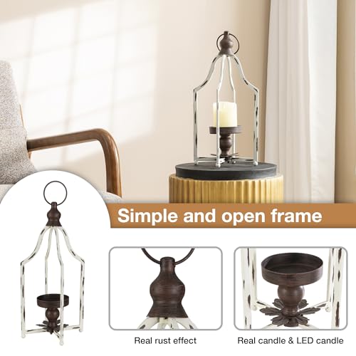 Glitzhome 16.5" H Farmhouse Lanterns Decorative Indoor Outdoor, White Metal Candle Lanterns, Hanging Candle Holder for Fireplace Patio Porch Garden Wedding & Holiday Decor - color: White Small