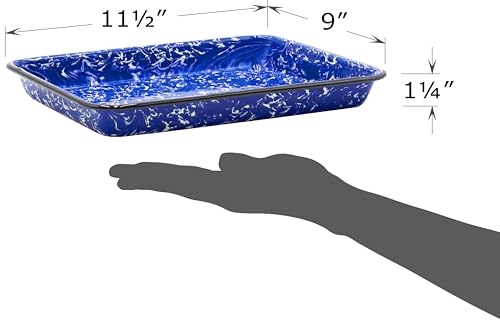 Red Co. 11" x 9" Enamelware Metal Classic 2 Quart Rectangular Serving Tray, Navy Blue Marble/Black Rim - Splatter Design - color: Navy Blue