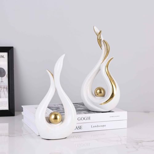 2PCS White and Gold Abstract Ceramic Sculptures – Modern Home Decor Accents and Centerpieces for Coffee Table, Shelf, Dining Room, Kitchen, Tv Stand, Entryway Or Desktop Display