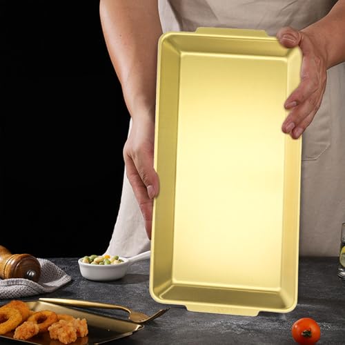ZENFUN 3 Pack 304 Stainless Steel Serving Platters, 12.6" Rectangle Metal Dinner Plates with Handles, Decorative Organizer Trays for BBQ, Dining, Party, Buffet, Appetizer Serving(Gold)