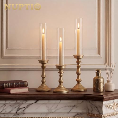 NUPTIO Gold Candlestick Holders Bulk: Set of 6 Tall Hurricane Glass Taper Candleholders - Vintage Candles Stick Stand for Wedding Bridal Shower Birthday Party Centerpiece Decor