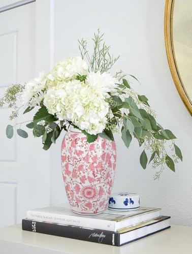Pink Vase 8.5 Inch Traditional Chinoiserie Floral Vase Porcelain Ginger Jar Octagonal Vases Blue and White Porcelain Decor for Home, Living Room, Kitchen, Mantel, Shelf, Table - color: 8.5 Inch Pink