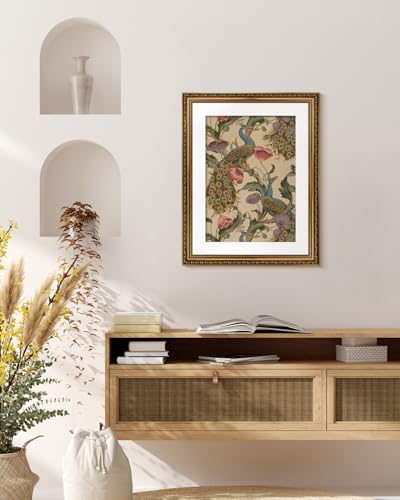 Golden Framed Canvas Wall Art Vintage Peacock, Classic Vine With Poppies Floral Canvas Print Wall Decor, Bird Art Print Wall Hanging 16x20 inch, for Bedroom Bathroom Living Room Decor - color: Peacock, size: 20"L x 16"W