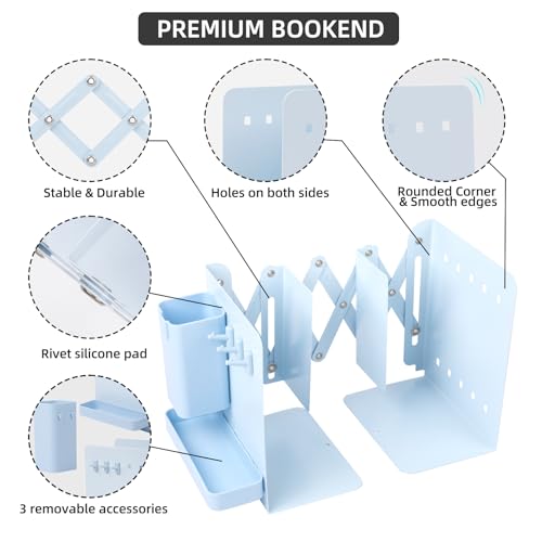 Adjustable Bookends, 19" Metal Book Ends for Heavy Books, 2 Dividers Bookends with Removable Pen Holder, Tray, and 3 Hook-up, Book Organizer for Office, School, Bookstore, Home - color: Blue