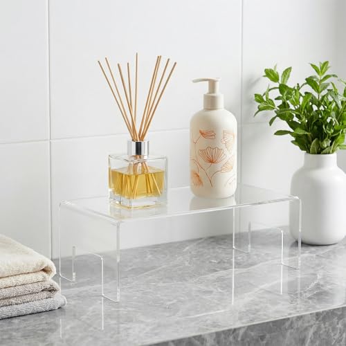 Frcctre 2 Pack Acrylic Display Risers, 12" Lx5 Wx3.3 H Clear 5mm Thick Small Display Risers Stand Acrylic Showcase Fixtures Shelf for Dessert Cupcake Figures Toys Cosmetics Perfume