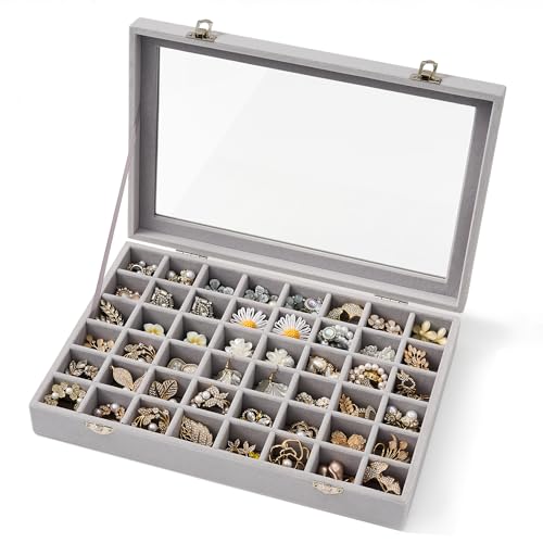 48 Grid Earring Organizer and Storage: Velvet Jewelry Tray with Lid, Jewelry Box for Studs, Earrings, Rings, Necklaces, Dresser & Vanity, Earrings Case Organizer for Girls, Women, 13"x8.6"x2.4", Grey - color: Grey