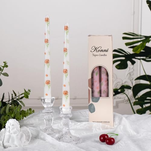 Taper Candles,10 inch 2pc White Tapered Candles with Red Rose Printed, Unscented and Smokeless Long Burning Candles,Tall Candlesticks with Cotton Wicks,Ideal for Weddings, Home Décor - style: Red Rose