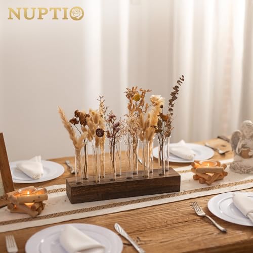 NUPTIO Vase Wedding Centerpiece for Table: 15" Long Rectangular Wooden Base and 12 Pcs Glass Test Tube Bud Vases for Flower Arrangement Dining Table Center Piece Home Decor Gifts for Plant Lovers