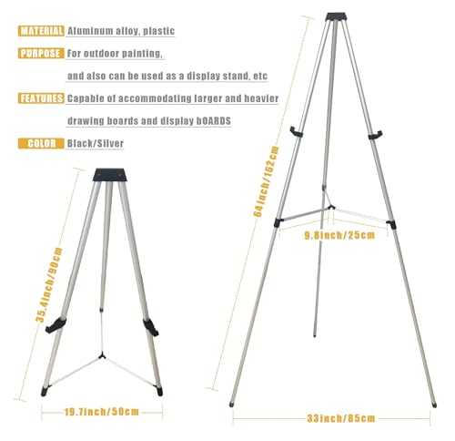 MXG Portable Adjustable Large Display Stand, Heavy Duty Aluminum Tripod Easel for Painting, 33-64 Inch Foldable Tabletop & Floor Sign Holder for Art Exhibitions, Outdoor, & Wedding, Silver - color: Silver